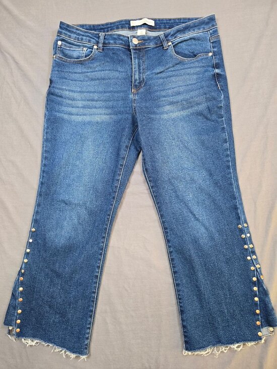 Est 1946 Denim Denim - Est 1946 Denim Womens Mid-Rise Blue Jeans Flared Crop Frayed Hem Studded Size 12